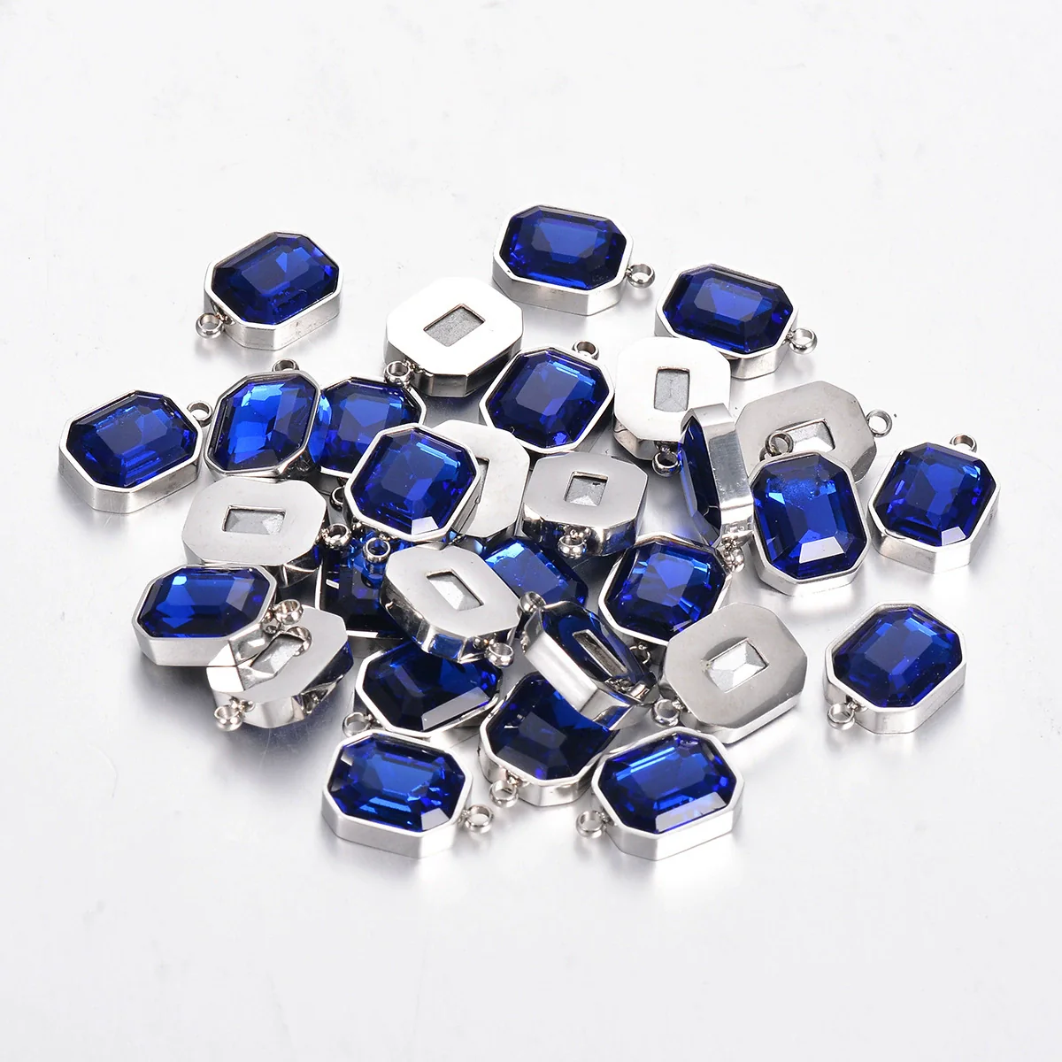 Stainless Steel Square Pendant Necklace And Diy Earrings Accessories With Sapphire Blue Glass Crystal Electroplating - Image 8