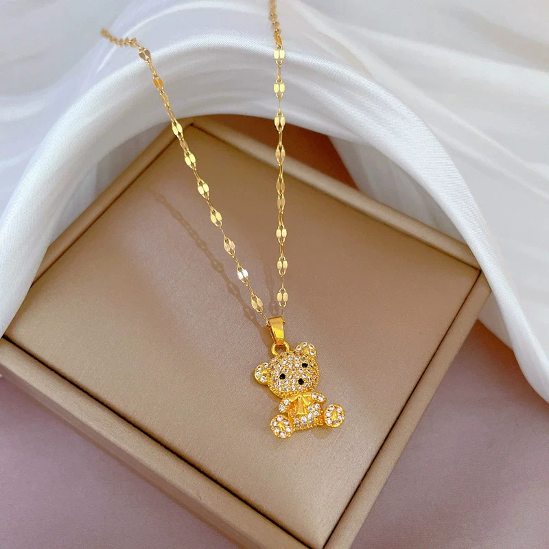 Stainless Steel Threedimensional Bear Geometric Micro Diamond Women's Necklace - Image 2