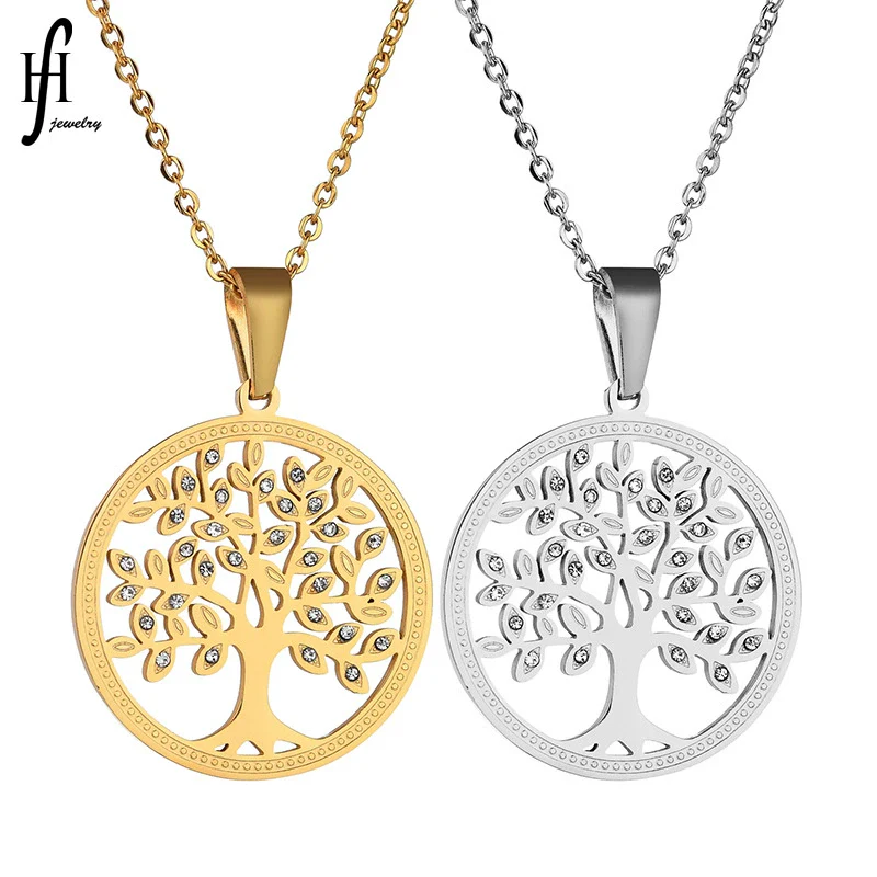 Stainless Steel Tree Of Life Necklace With Microencrusted Zircon Pendant And Ochain Electroplated Geometric Style
