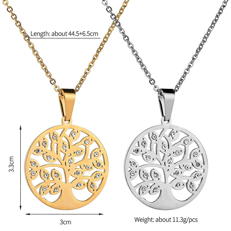 Stainless Steel Tree Of Life Necklace With Microencrusted Zircon Pendant And Ochain Electroplated Geometric Style - Image 3