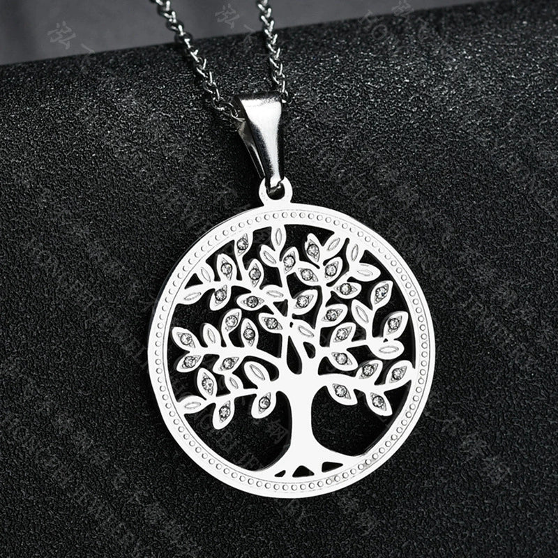Stainless Steel Tree Of Life Necklace With Microencrusted Zircon Pendant And Ochain Electroplated Geometric Style - Image 5
