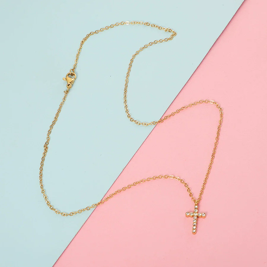 Stainless Steel Ushaped Diamond Cross Pendant Necklace Electroplated Unisex O Word Chain - Image 3