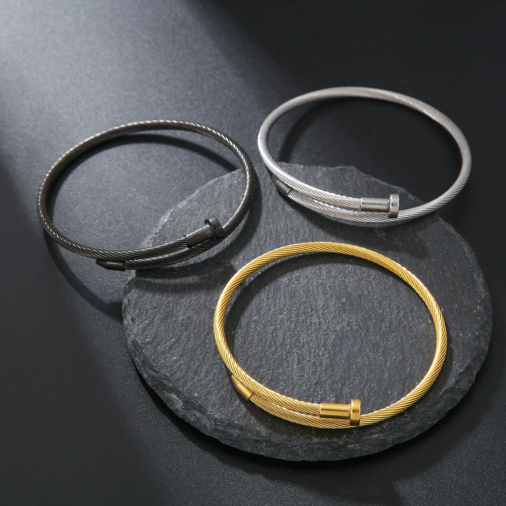 Stainless Steel Wire Rope Nail Spiral Adjustable Open Electroplated Bracelet - Image 2