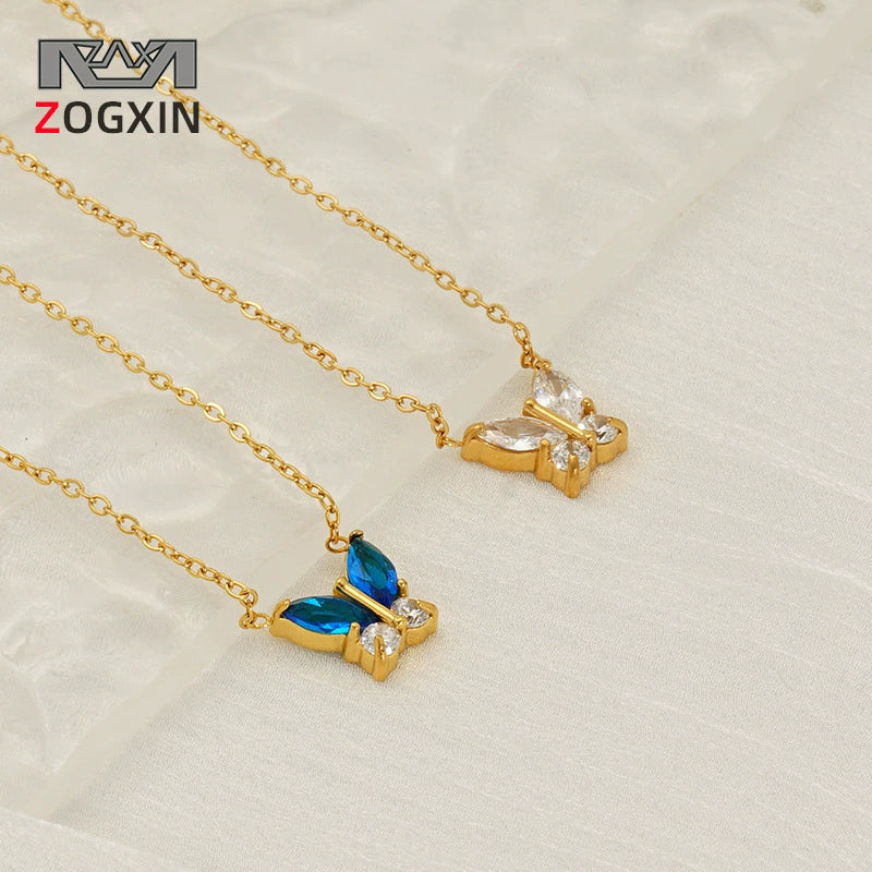 Stainless Steel Women's Light Luxury Niche Allmatch Highend Butterfly Zircon Pendant Necklace With Animal Zodiac Design