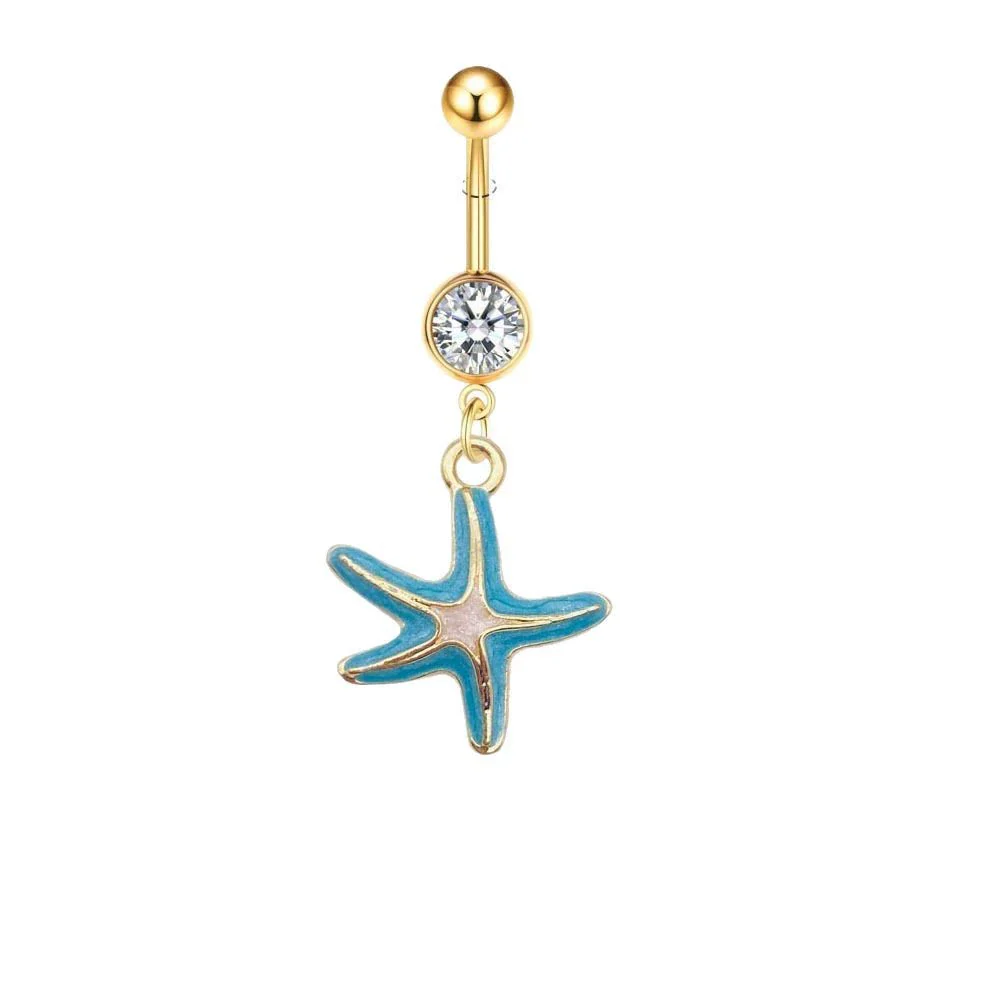 Stainless Steel Women's Navel Ring With Starfish And Star Shaped Pendant Electroplated - Image 5