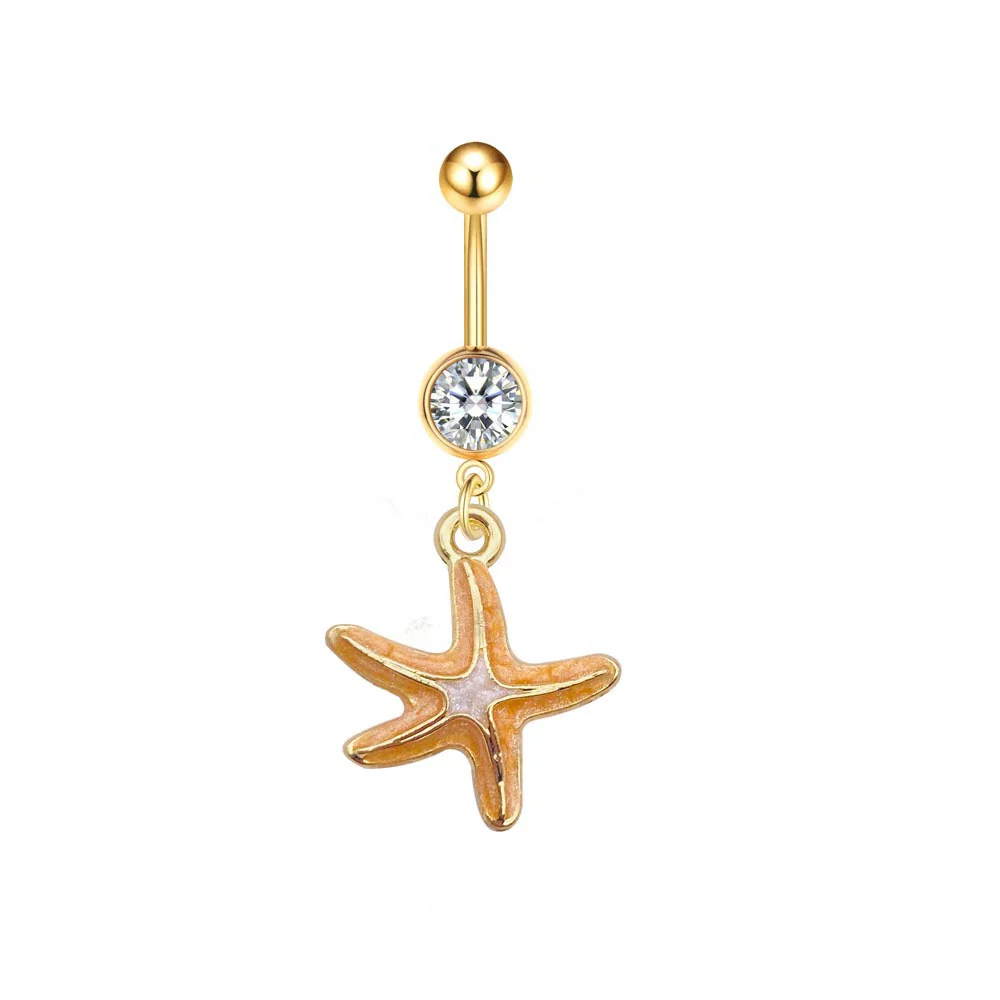 Stainless Steel Women's Navel Ring With Starfish And Star Shaped Pendant Electroplated - Image 9