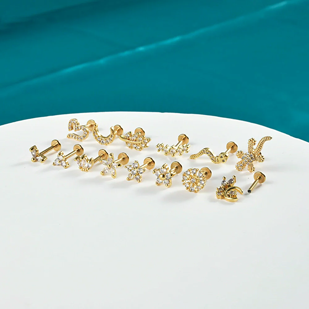 Stainless Steel Zircon Electroplated Heart Pattern Inner Tooth Lip Nail Snake Leaf Earrings - Image 3