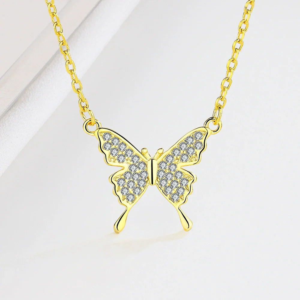 Sterling Silver 925 Diamond Geometric Butterfly Necklace For Women