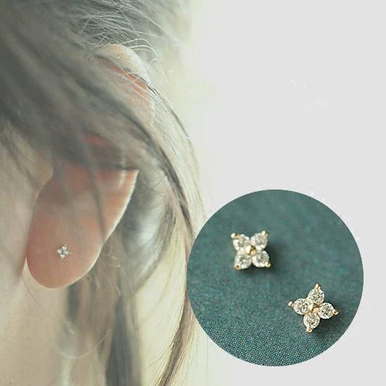 Sterling Silver Fourleaf Clover Flower Shape Earrings For Women 14K Goldplated With Fourdiamond Zircon