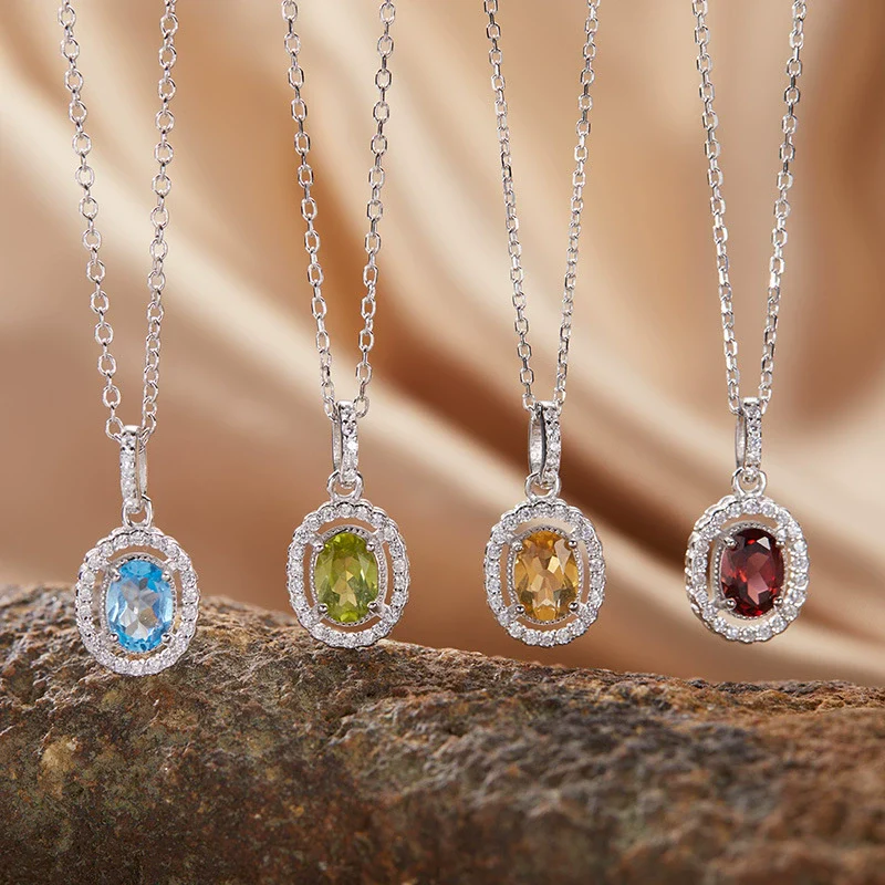 Sterling Silver Natural Color Amethyst Geometric Pendant Collarbone Necklace With Gemstones