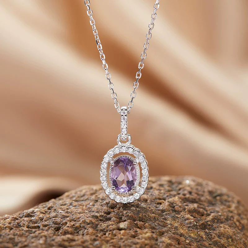 Sterling Silver Natural Color Amethyst Geometric Pendant Collarbone Necklace With Gemstones - Image 3