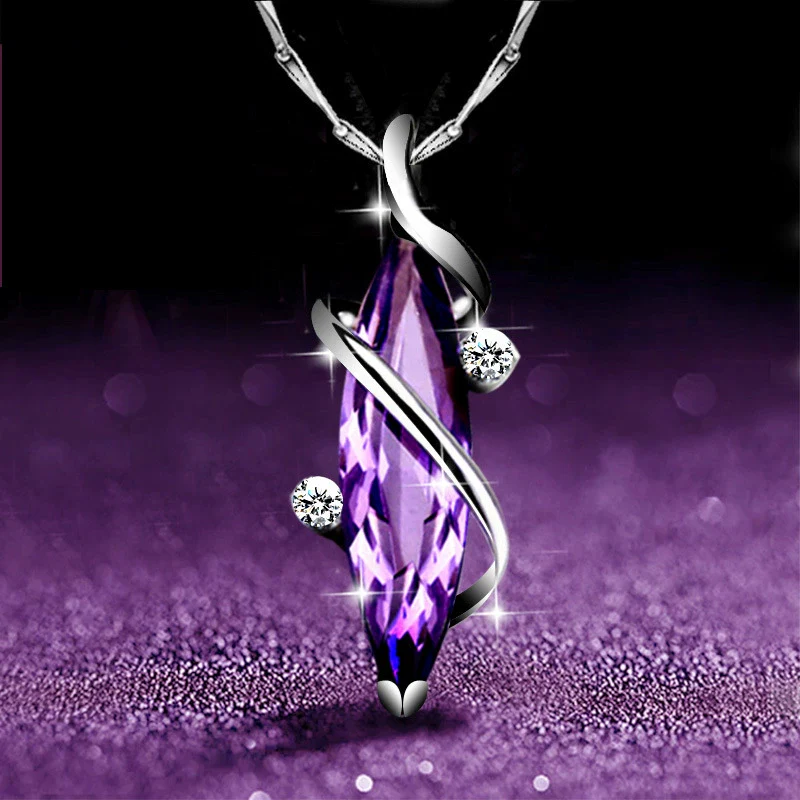 Sterling Silver Plated Four Leaf Clover Amethyst Diamond Ladies Necklace