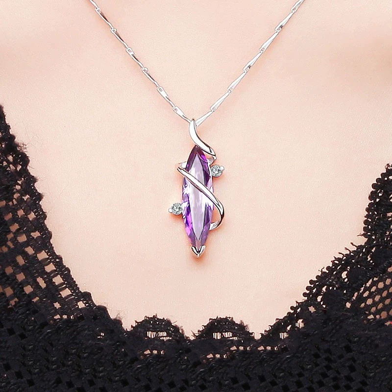Sterling Silver Plated Four Leaf Clover Amethyst Diamond Ladies Necklace - Image 2