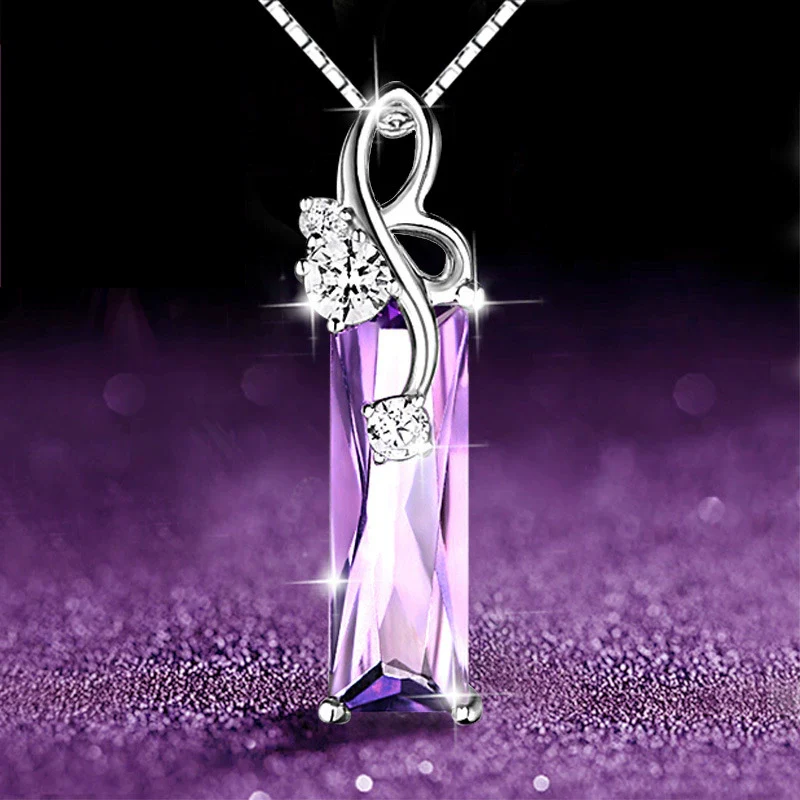 Sterling Silver Plated Four Leaf Clover Amethyst Diamond Ladies Necklace - Image 4