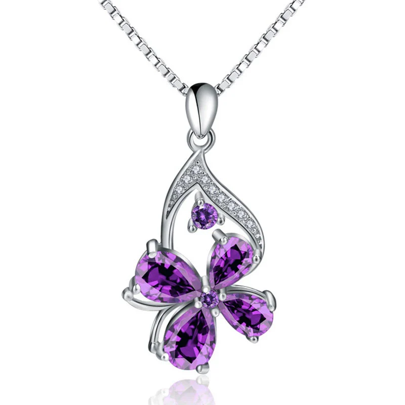Sterling Silver Plated Four Leaf Clover Amethyst Diamond Ladies Necklace - Image 8
