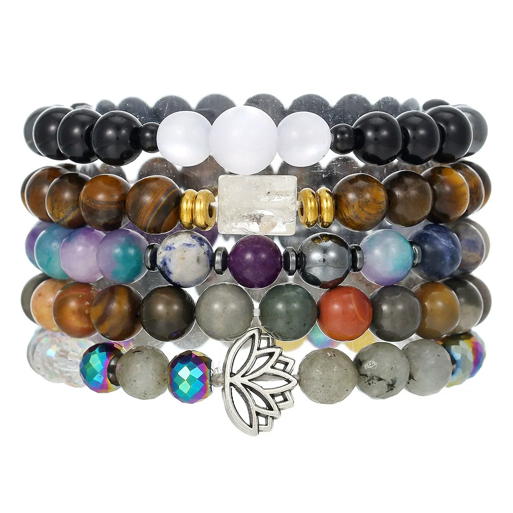 Stone Beaded Handmade Unisex Facet Gem Grey Moonlight Colorful Black Gallstone Lotus Tiger Eye Crystal Bracelet