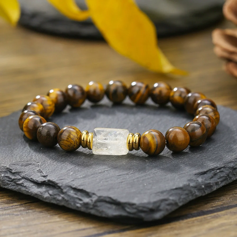Stone Beaded Handmade Unisex Facet Gem Grey Moonlight Colorful Black Gallstone Lotus Tiger Eye Crystal Bracelet - Image 8