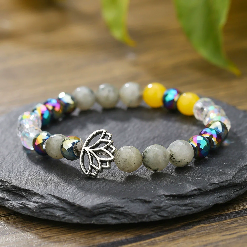 Stone Beaded Handmade Unisex Facet Gem Grey Moonlight Colorful Black Gallstone Lotus Tiger Eye Crystal Bracelet - Image 9