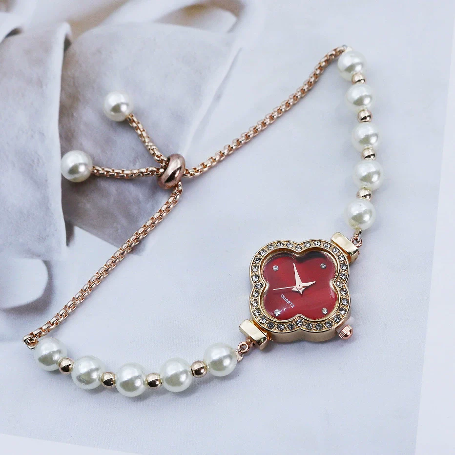 Student Watch Alloy Rose Gold Fourleaf Clover Shape Quartz Watch For Female