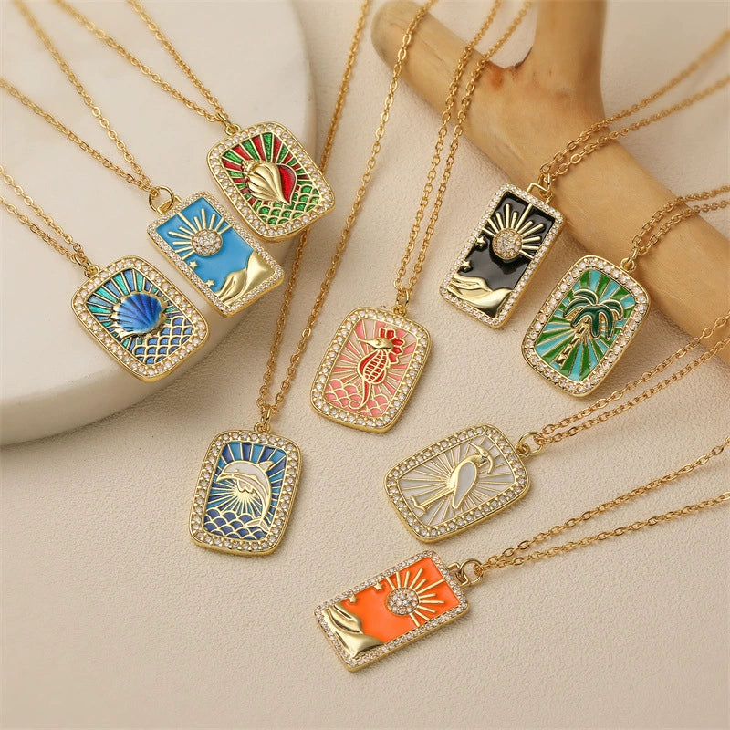 Tarot Card Pendant Necklace Copper Dripping Oil Style With Geometric Animal Zodiac Pattern Microinlaid Colored Zircon On O Chain For Women