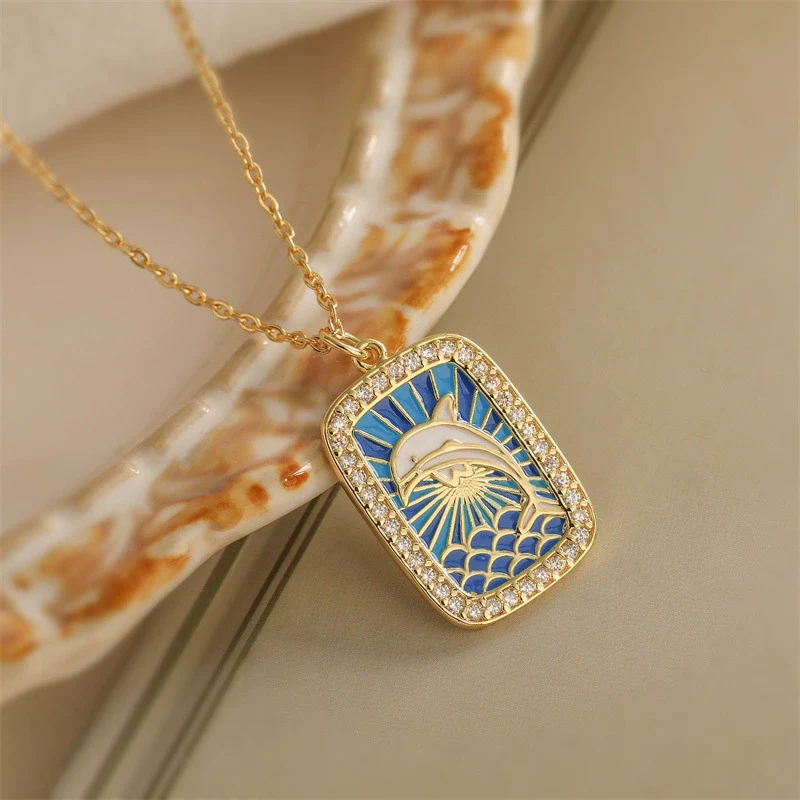 Tarot Card Pendant Necklace Copper Dripping Oil Style With Geometric Animal Zodiac Pattern Microinlaid Colored Zircon On O Chain For Women - Image 10