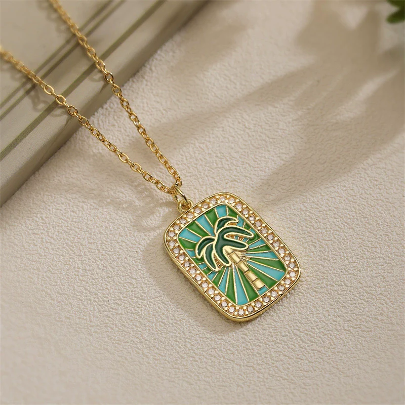 Tarot Card Pendant Necklace Copper Dripping Oil Style With Geometric Animal Zodiac Pattern Microinlaid Colored Zircon On O Chain For Women - Image 11