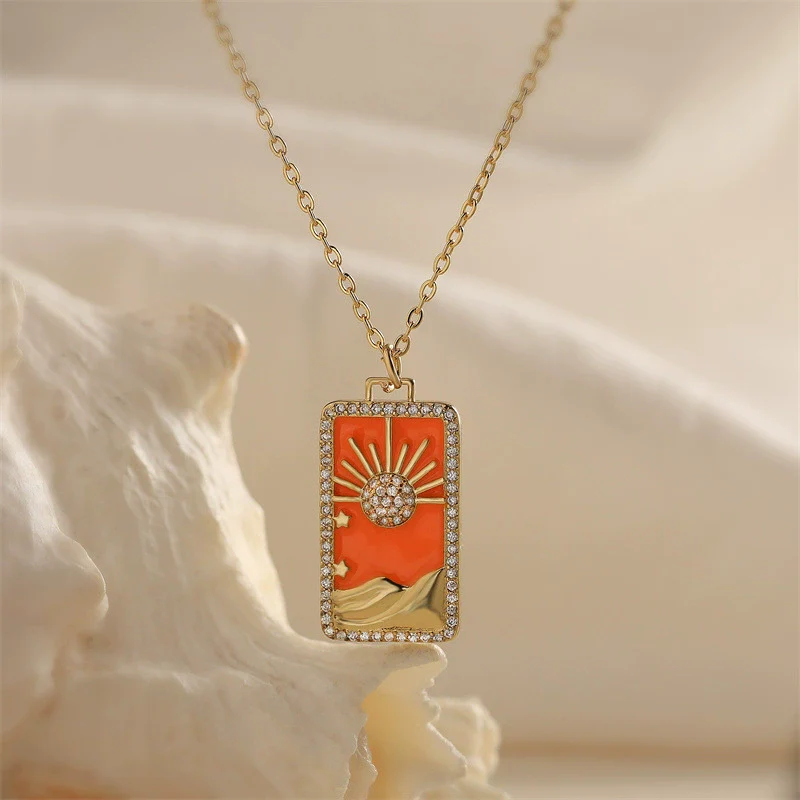 Tarot Card Pendant Necklace Copper Dripping Oil Style With Geometric Animal Zodiac Pattern Microinlaid Colored Zircon On O Chain For Women - Image 12