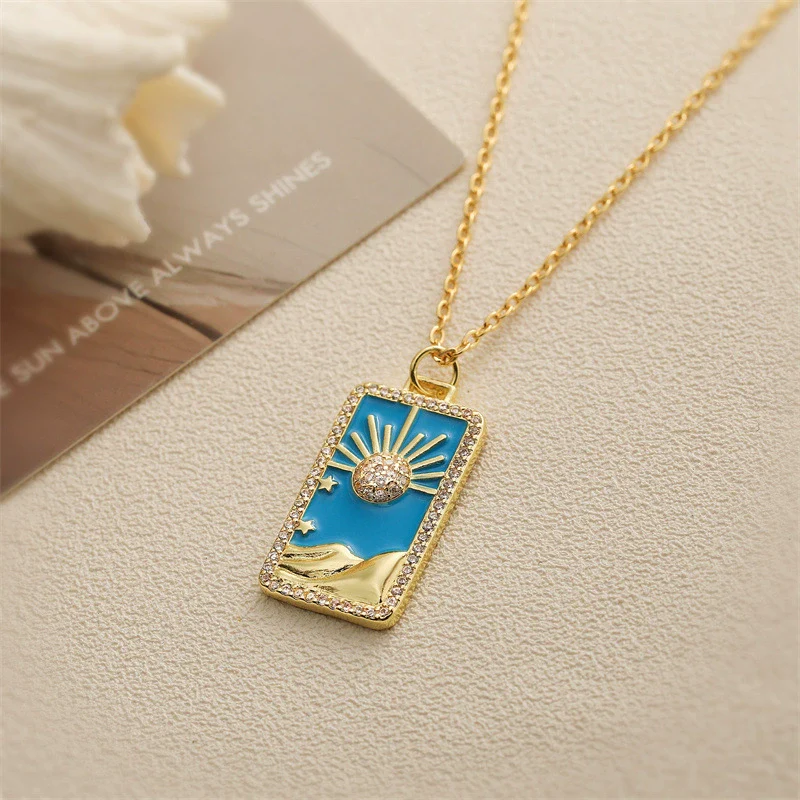 Tarot Card Pendant Necklace Copper Dripping Oil Style With Geometric Animal Zodiac Pattern Microinlaid Colored Zircon On O Chain For Women - Image 13