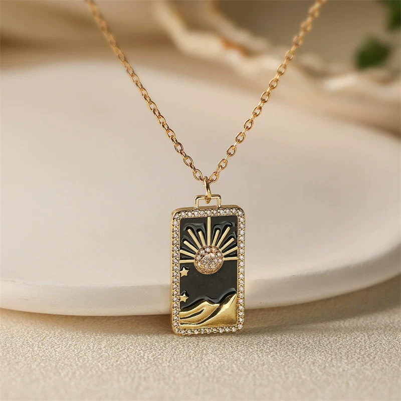Tarot Card Pendant Necklace Copper Dripping Oil Style With Geometric Animal Zodiac Pattern Microinlaid Colored Zircon On O Chain For Women - Image 14