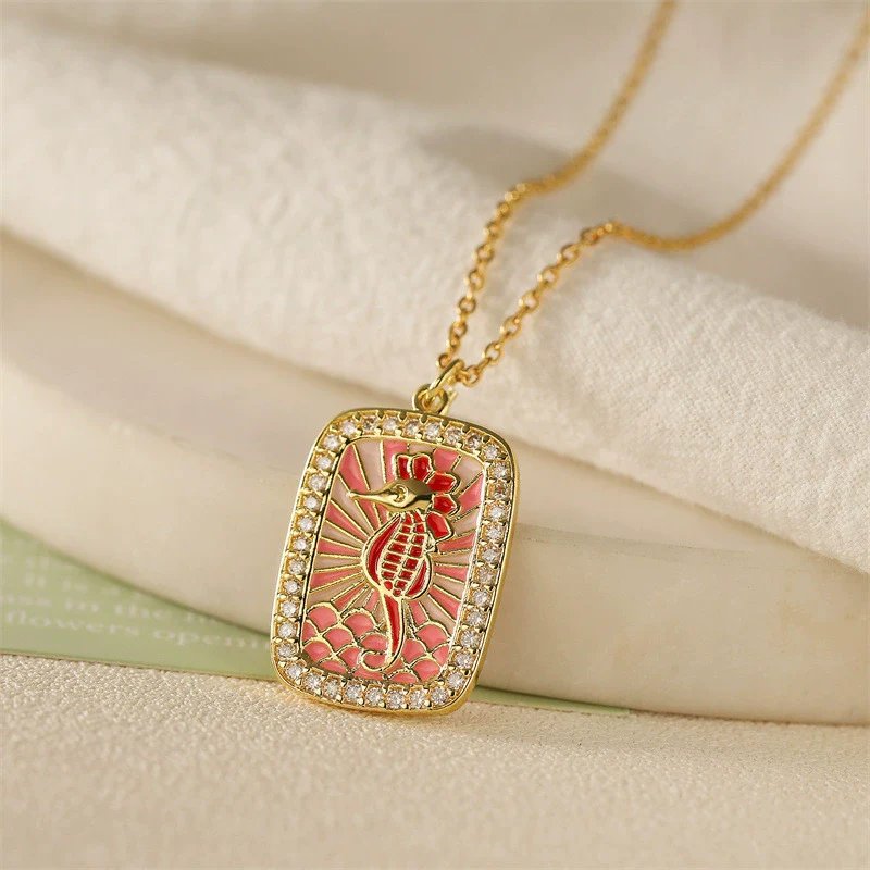 Tarot Card Pendant Necklace Copper Dripping Oil Style With Geometric Animal Zodiac Pattern Microinlaid Colored Zircon On O Chain For Women - Image 2