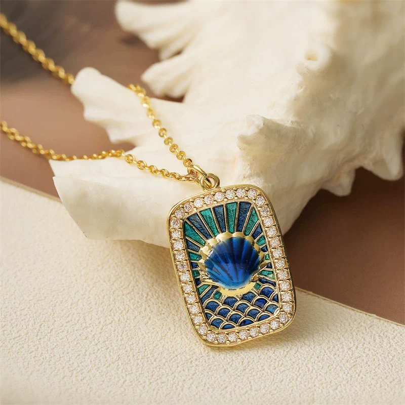 Tarot Card Pendant Necklace Copper Dripping Oil Style With Geometric Animal Zodiac Pattern Microinlaid Colored Zircon On O Chain For Women - Image 8