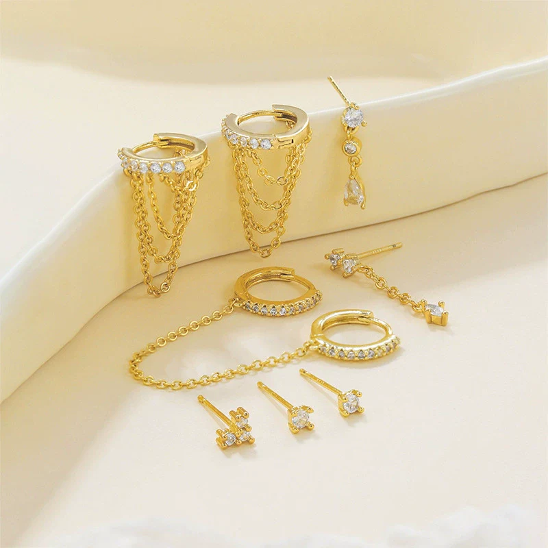 Tassel Chain Drop Shape S925 Silver Needle Earrings Copper Light Luxury Style With Zirconia For Women - Image 3