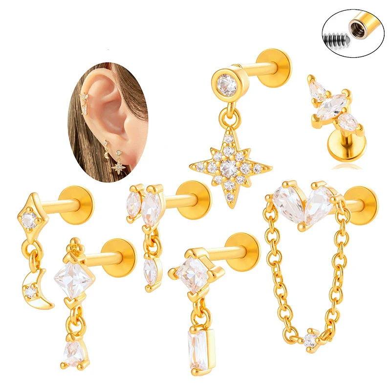 Titanium Alloy Geometric Heart Earrings Lip Nail Piercing Jewelry Copper Inlaid Zircon Electroplated