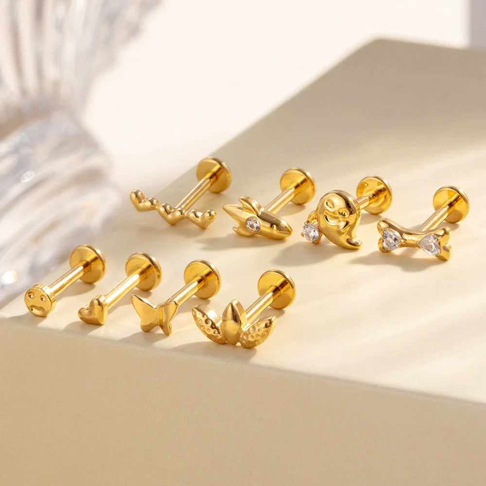 Titanium Alloy Geometric Love Butterfly Inner Teeth Screw Flat Bottom Rod Lip Nail Ear Bone Nail Puncture Jewelry Electroplated - Image 3