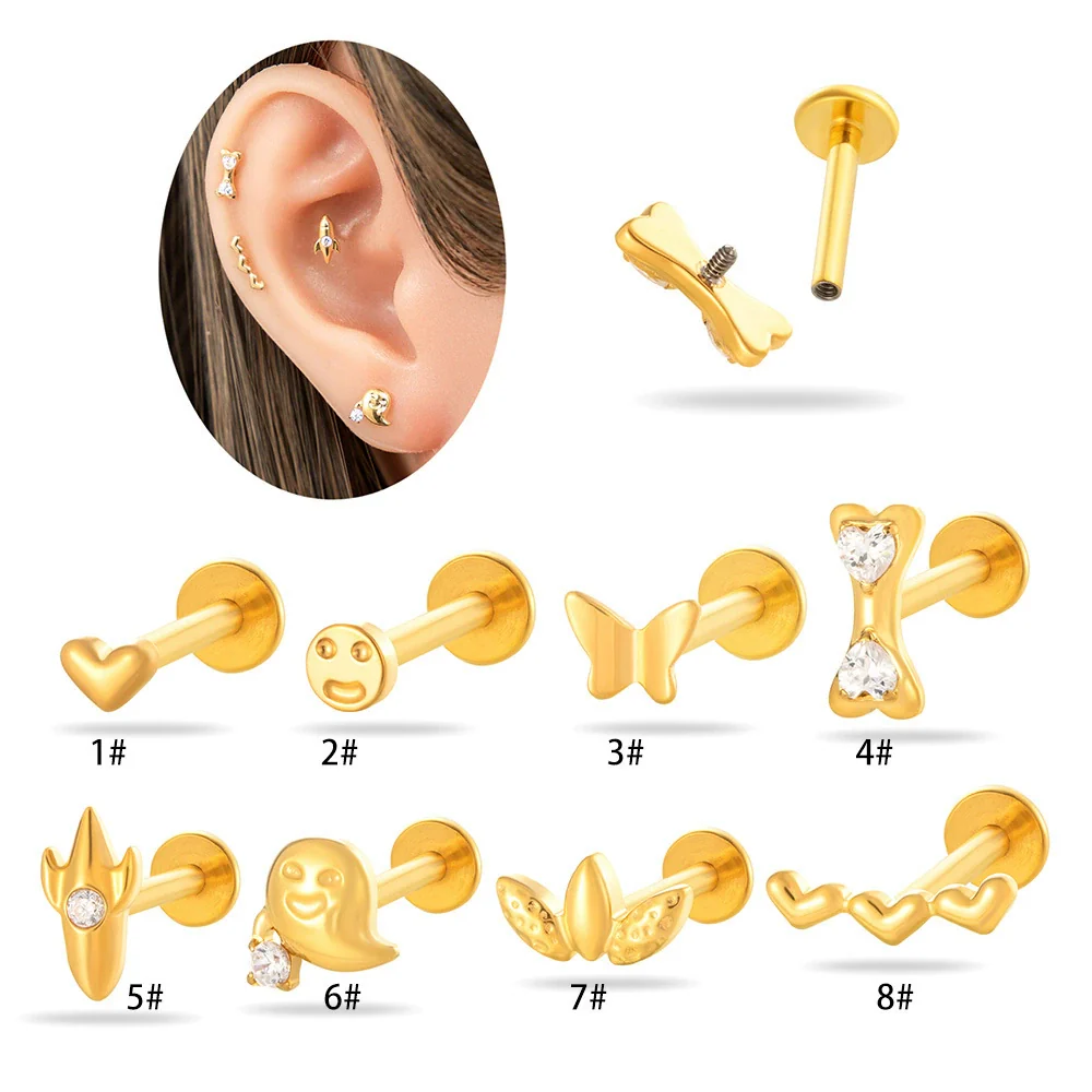 Titanium Alloy Geometric Love Butterfly Inner Teeth Screw Flat Bottom Rod Lip Nail Ear Bone Nail Puncture Jewelry Electroplated - Image 5