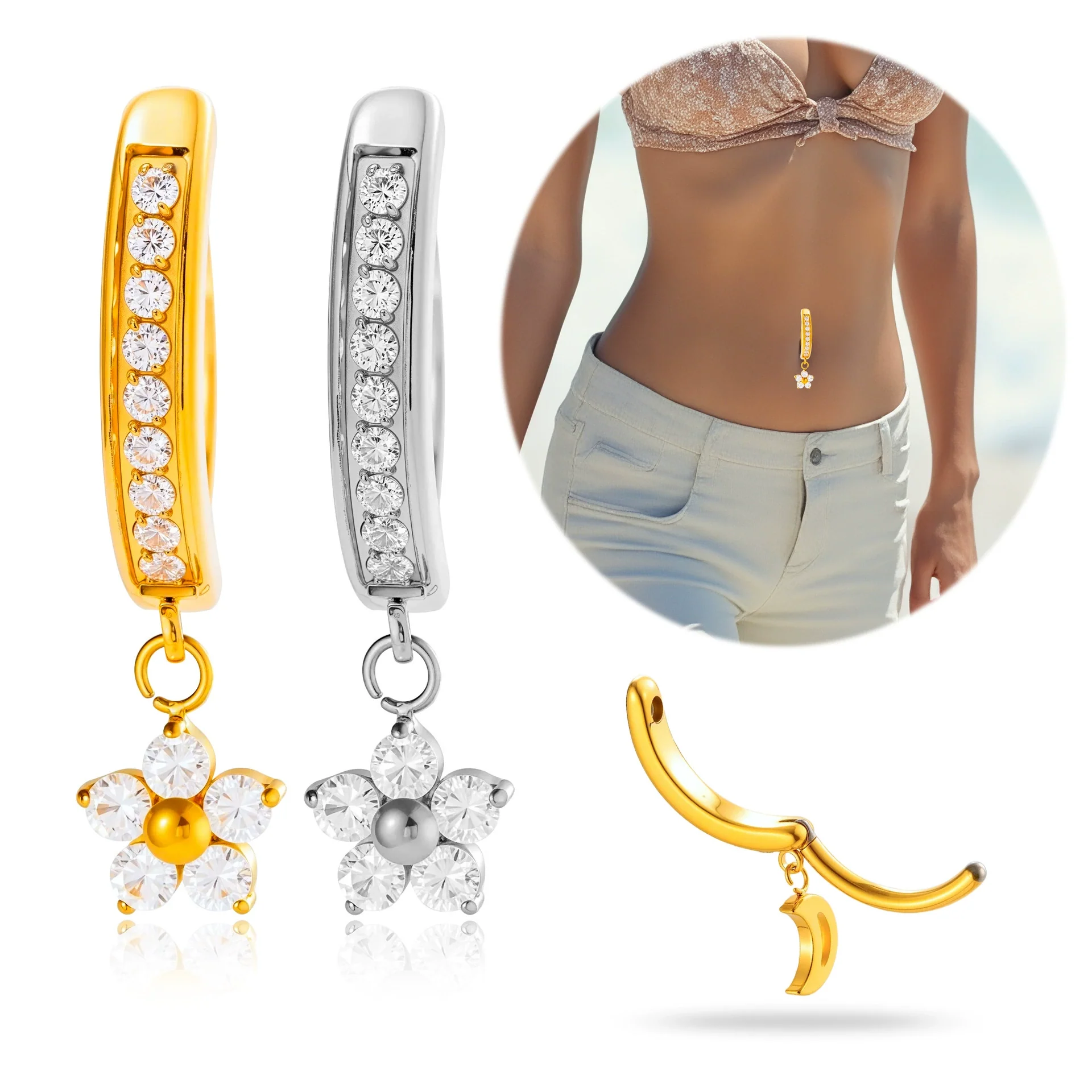 Titanium Alloy Inlaid Zircon Small Flower Pendant Abdominal Piercing Jewelry For Women
