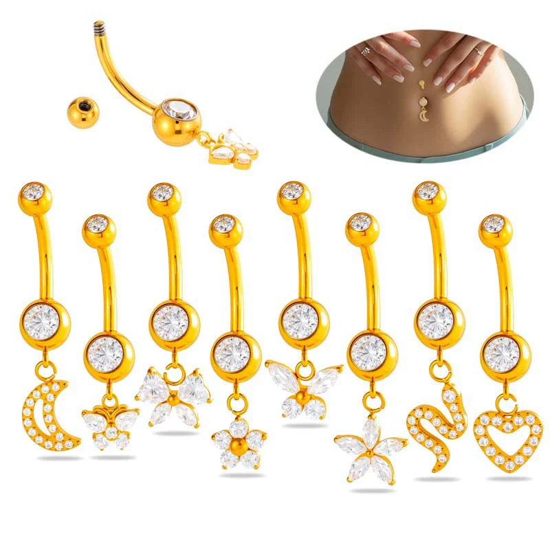 Titanium Alloy Inlaid Zirconium Flower Butterfly Pendant Navel Nail Women's Abdominal Piercing Jewelry
