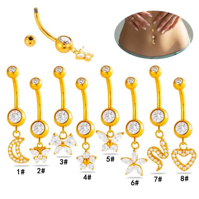 Titanium Alloy Inlaid Zirconium Flower Butterfly Pendant Navel Nail Women's Abdominal Piercing Jewelry - Image 2