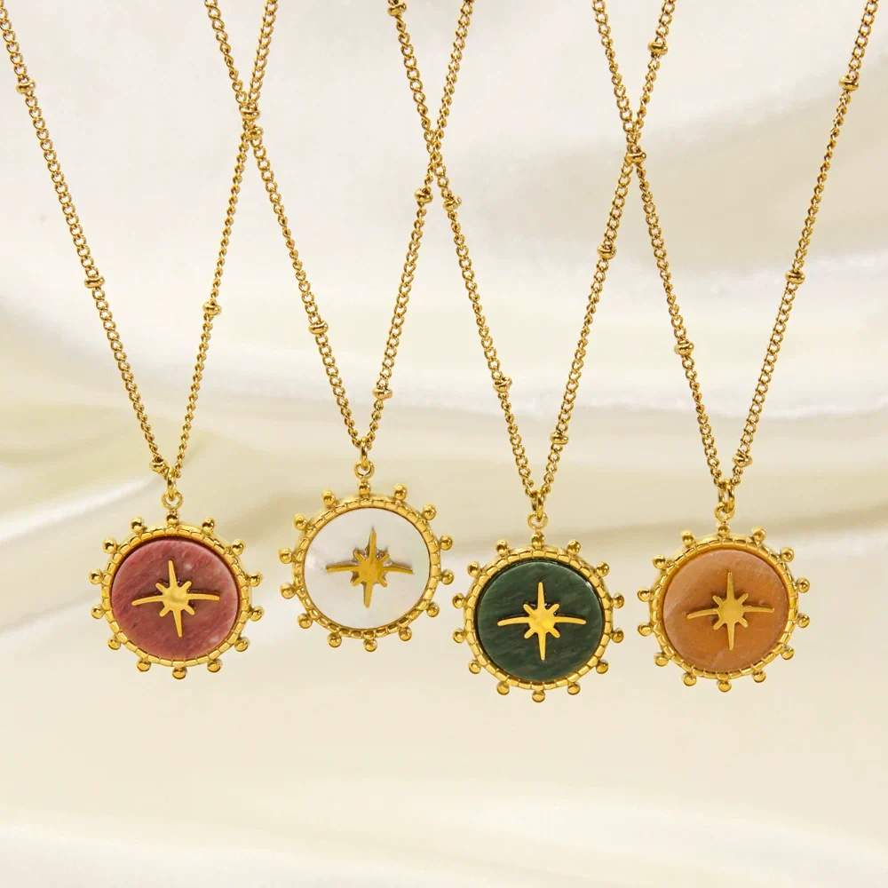 Titanium Steel And Natural Stone Women's Necklace With Geometric Pattern And Ball Chain In Light Luxury Style - Image 2