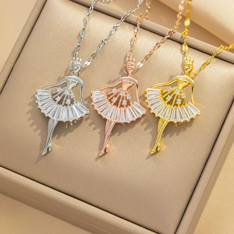 Titanium Steel Ballet Girl Pendant Necklace With Microinlaid Zircon And Geometric Design For Women Fashion Jewelry
