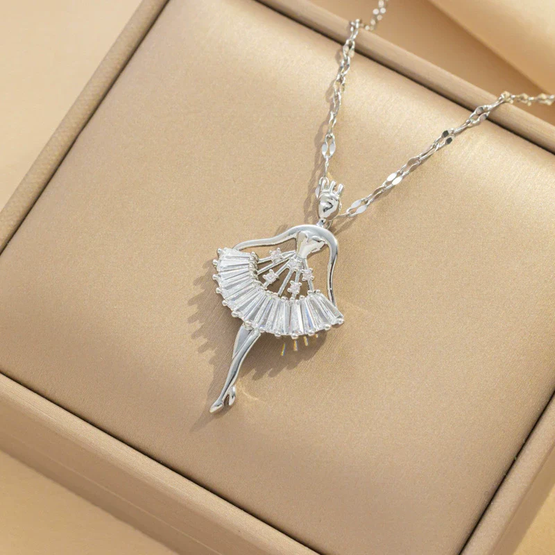Titanium Steel Ballet Girl Pendant Necklace With Microinlaid Zircon And Geometric Design For Women Fashion Jewelry - Image 2
