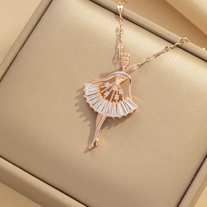 Titanium Steel Ballet Girl Pendant Necklace With Microinlaid Zircon And Geometric Design For Women Fashion Jewelry - Image 3
