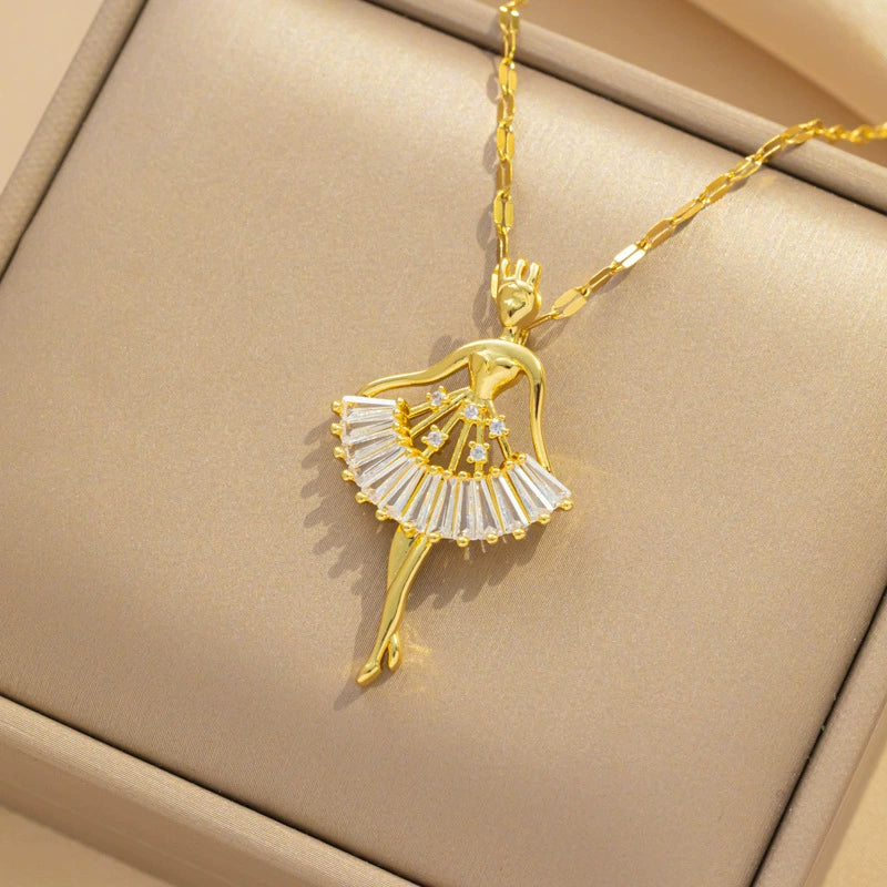 Titanium Steel Ballet Girl Pendant Necklace With Microinlaid Zircon And Geometric Design For Women Fashion Jewelry - Image 4