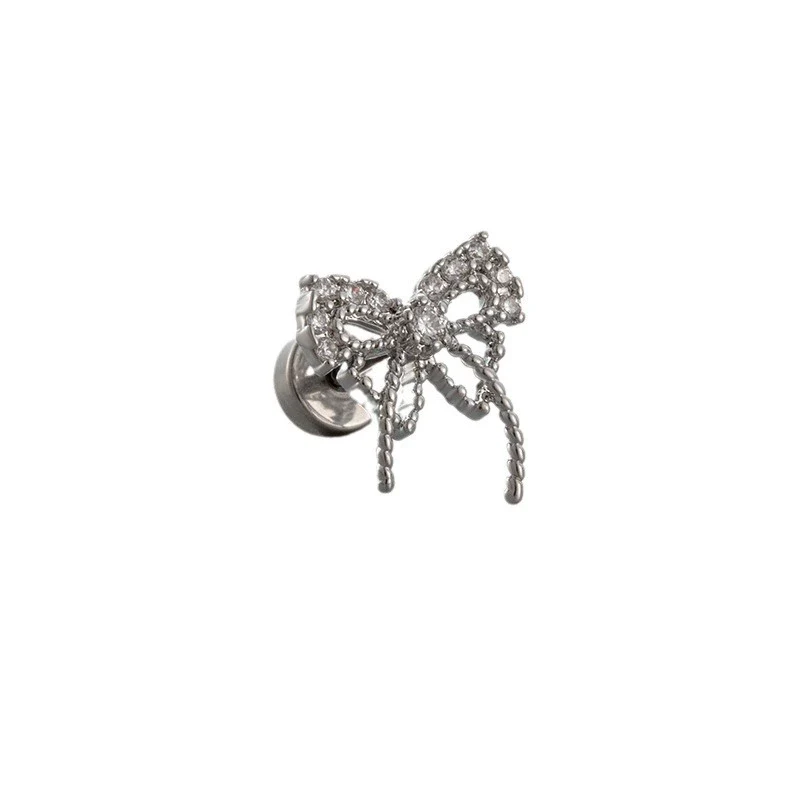 Titanium Steel Bow Shape Zirconia Inlaid Women's Convertible Ear Nail Earrings - Image 4