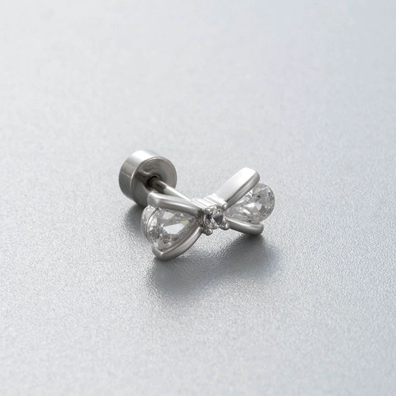 Titanium Steel Bow Shape Zirconia Inlaid Women's Convertible Ear Nail Earrings - Image 5