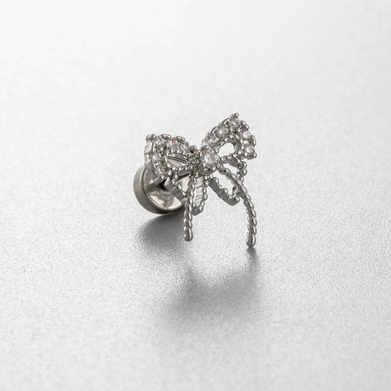 Titanium Steel Bow Shape Zirconia Inlaid Women's Convertible Ear Nail Earrings - Image 8