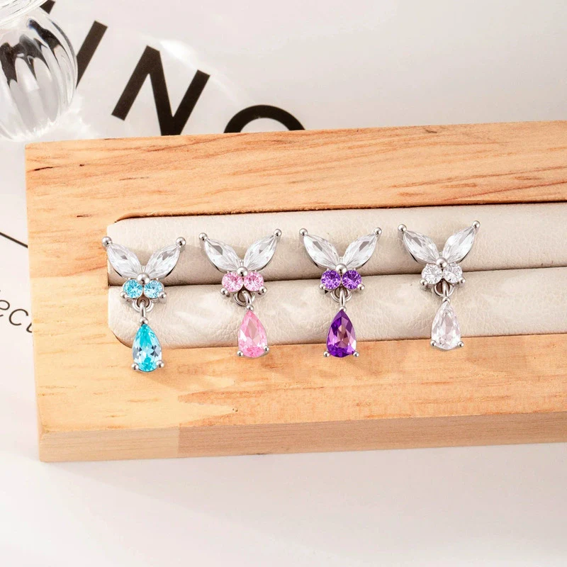 Titanium Steel Butterfly Water Drop Pendant Pierced Earrings With Micropaved Zircon For Women