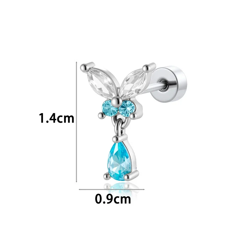 Titanium Steel Butterfly Water Drop Pendant Pierced Earrings With Micropaved Zircon For Women - Image 2