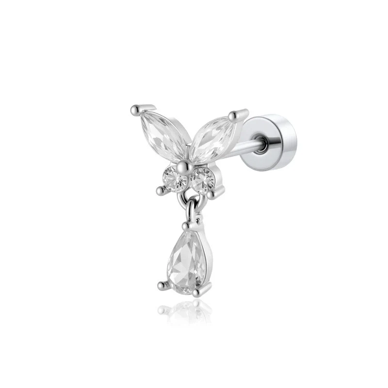 Titanium Steel Butterfly Water Drop Pendant Pierced Earrings With Micropaved Zircon For Women - Image 5
