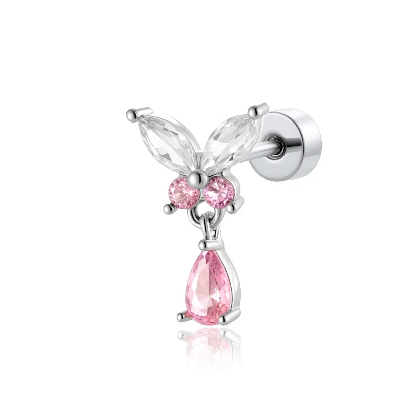 Titanium Steel Butterfly Water Drop Pendant Pierced Earrings With Micropaved Zircon For Women - Image 6